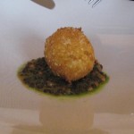 Breaded soft boiled egg truffled lentil